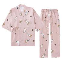 Pajamas Sets for Women Cotton Kimono Sleepwear Kitten Cartoon Nightwear Loungewear Lace-Up Ladies Cardigan 2 Piece Set Homewear M rožinė