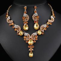 2pcs/set Jewelry Sets Women Blue Elegant Waterdrop Rhinestone Pendant Necklace stud Earrings Wedding Dress Bridal Jewelry Set brown