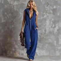 New Women's Retro Hoodie V-Neck Zip-Up Jumpsuit S tamsiai mėlyna spalva