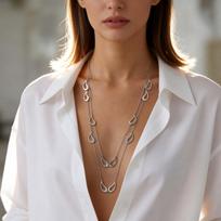 Women's Double Layer Necklace Long Chain Stainless Steel Hollow Teardrop Pendant Silver Color Layered Jewelry brown