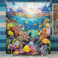 Vibrant Coral Reef And Tropical Fish Pattern Waterproof Polyester Shower Curtain Underwater Ocean Life Print Bath With Hooks W60H190(CM)-1 Pcs