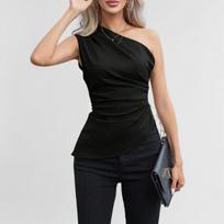 Women'sfashionable Casual Sleeveless Sloping Neck One-shoulder Pullover Top L