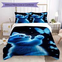Purple Teddy Bear & Rose Print Bedding Set, Kids Cute Bear Bed Linen Duvet Cover Set (1 * duvet cover + 2 * pillowcase, without core) 135x200cm