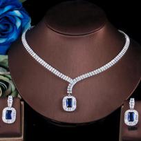 CMM Bling kubinio cirkonio balto aukso spalvos kvadratinių auskarų karolių rinkinys safyras