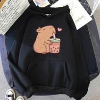 Kawaii Bubble Tea Capybara Hoodie Moteriška Estetinė Grafika Juokingi Megztiniai Unisex Rudens Žiemos Harajuku Megztiniai Megztiniai S beige