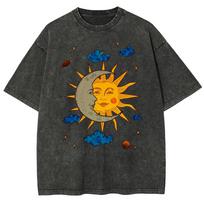 Sun Hugging Moon Print Women's T-Shirt Washed Retro Oversized Short Sleeve American Trend Top Summer S