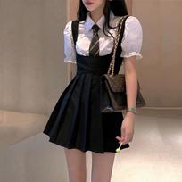 Summer Women's Dresses Sets Uniform Sling Pleated Skirt Bubble Sleeve Shirt Two Piece Set 2XL