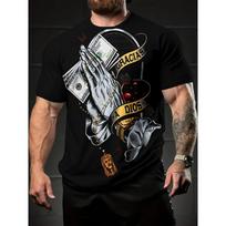 Men's print t-shirt with dollar bills prayer hands and rosary black casual short-sleeved t-shirt for outdoor S