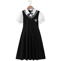 Girls' School Uniform Set with Ruffles, Summer Toddler Girls' College Style Dress Two Piece Outfit 120cm juoda
