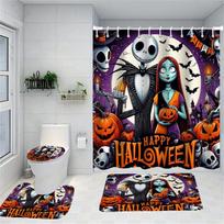 Halloween Joker Cartoon Pattern Shower Curtain Bath Sets Waterproof Non-Slip Bathroom Rug Toilet U With 12 Hooks Home Deco W60H190(CM)-1 Pcs