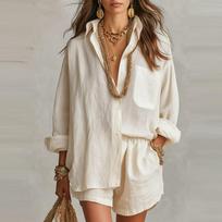 Lazy Shirt Set Fashionable Solid Color Shorts Two-piece Women M abrikosas