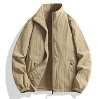 Men's Khaki Lightweight Windbreaker Stand Collar Breathable Outdoor Jacketzipper XL chaki