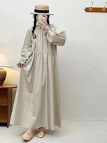 Johnature Japanese Forest Fungus Round Neck Cotton Dress Spring Loose Retro Casual Loose Simple With Brooch Women Dress One Size smėlis