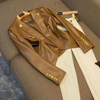 Slim-fit leather jacket women's autumn and winter new slim-fit jacket gold buckle small suit S within 50 kg šviesiai ruda spalva