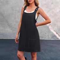 Madinga moteriška suknelė-jumpsuit be rankovių, reguliuojama petnešėlė, A formos džinsinė suknelė, laisvo kirpimo suknelė kasdieniam dėvėjimui ir savaitgaliams L juoda
