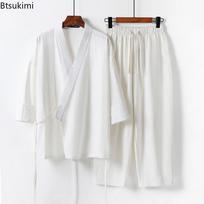 Vyriški vasariniai medvilnės ir lino dviejų dalių kinų stiliaus raišteliais surišami kimono viršutiniai drabužiai + kelnės Laisvalaikio kostiumas Vyriškas vintažinis Hanfu Tang kostiumas M-9XL M balta