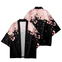 Elegant Kimono Cardigan with Pink Flower Print Tops- High-Quality Women Men Asian Clothing S juoda