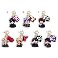 7pcs BTS Uniform Cartoon Keychain with Colorful Name Tag & Star Charm, Bangtan Boys Cartoon Figure Keyring, Kpop Idol Bag Pendant for ARMY Fans 7pcs