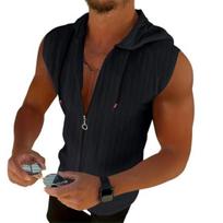 Men Hooded Zip-up T-Shirt Jacquard Sleeveless Hoodie Tee Stylish Textured Summer Tank Top for Gym Street Party Holiday S juoda