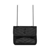 Saint Laurent YSL Niki serijos Juodo ženklo logotipas Grandinėlė Klostyta oda Petinė Kryžmai nešiojama Ausinių krepšys Moteriški krepšiai 710844-0EN04-1000 Basic Set (Bag+Dust Bag)