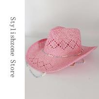Western Straw Orange Cowboy Hat- Ruslan Baginskiy - Women's Style Chain Natural Freshwater Pearl and Blue Crystal New Cowboy Hat S56-58cm