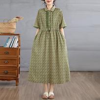 Short sleeve Plus size Cotton Linen vintage floral new in dresses for women casual loose long summer dress šviesiai žalios spalvos