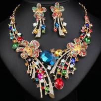 Flower Chain Wedding Jewelry Set Crystal Necklace Multicolor Dangle Earrings Choker Accessories