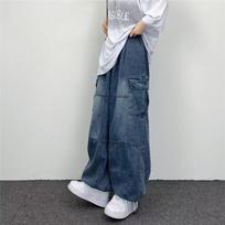 2025 Japanese Street Style Loose Wide-Leg Workwear Jeans with Large Pockets XL mėlyna