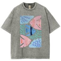 Feng Shui Minimalist Cartoon Printed Men's T-shirt Large Loose T-shirt Casual Retro Washed Short Sleeved T-shirt S
