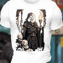 Grim Reaper Skeleton Holding Torch Graphic T-Shirt Gothic Style Casual Crew Neck Cotton Tee Comfortable Breathable  Men Clothing S