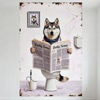Vintage Rustic Husky Dog with Blue Scarf on Toilet Holding Newspaper Metal Tin Sign for Home Bar Man Cave Cafe Wall Decor 20x30cm（7.8x11.8inch）