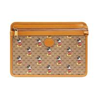 GUCCI x Disney Collaboration Mickey Mouse Print Vintage Logo Canvas & Leather Clutch Unisex Couple's Style Ebony & Brown Gift Box Package (Basic Package + Original Box) juodmedis/ruda
