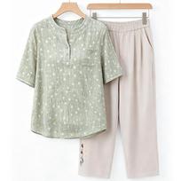 Women's Plus Size Polka Dot 2-Piece Outfit, Henley Neck Top & Embroidery Pants (3XL-7XL) 3XL šviesiai žalios spalvos