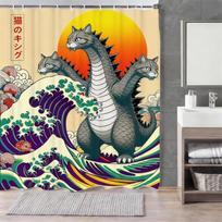 Japoniška katės dušo užuolaida, Vintažinis anime saulėlydžio banguotas menas, Vandeniui atsparus audinys su kabliukais W60H190(CM)-1 Pcs