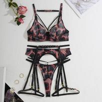 Sexy Women's Bra Set Leopard Print Ultra-Thin Lingerie Set Bra & Panty Garter Belt Set S
