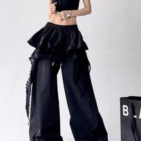 High Quality Lace Tiered Skirt Baggy Full Length Pants Hip Hop Dance Sexy Women Girls Casual Summer Trousers Elastic Drawstring XS juoda