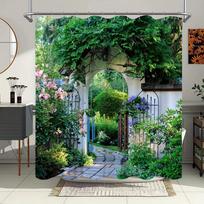 Charming Garden Arch Bath Curtain - Lush Greenery & Floral Path; Waterproof Home Decor Adds Nature'S Beauty To Your Bathroom. W60H190(CM)-1 Pcs