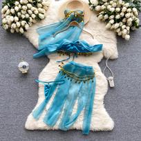 Blue Erotic Chiffon Fashion Strapless Suits Women Camisole Headdress Tassel Split Skirts Female Lingerie Sensual 3 Pieces Sets 2024 S mėlyna