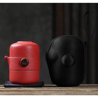 Ceramic Quick Tea Cup Kung Fu Tea Set One Pot Two Cups Simple Portable Storage Bag raudona