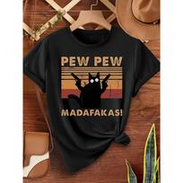 Pew Pew Madafakas Juokingas Katino Grafinis Marškinėlis - Laisvalaikio Apvalios Kaklo Poliesterio Marškinėlis su Gyvūno Spaudiniu, Šiek tiek Tampri Medžiaga, Trumpomis Rankovėmis L juoda