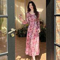 Spice Girl Temperament Mesh Square Neck Long Sleeve Dress Women's Autumn Pure Desire Wind Slim and Skinny Split Hip Wrap Long Dress S
