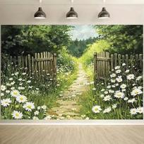 Senovinė sodo alėja su ramunėmis ir tvora fonas Rustic gėlių scena Fotografijos fonas Reklama 47.2x31.5inch/120*80cm