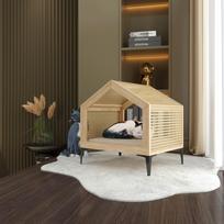 Mid-Century Cat Nest Handwoven Rattan Pet Bed with Solid Wood Frame Semi-Enclosed Cat House Sense of Security Dog Nest Ventilate