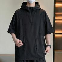 Vyriški didelio dydžio trumpomis rankovėmis marškinėliai su gobtuvu, kvėpuojantis kasdienis viršutinis drabužis (6XL-12XL) 9XL(130kg-140kg) juoda
