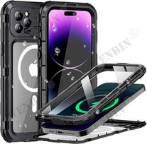 Prabangus vandeniui atsparus metalinis dėklas IPhone 15 Pro Max 15 Plus su įmontuotu ekrano apsauginiu stiklu, tvirtas viso kūno apsaugos, karinio lygio, atsparus smūgiams iPhone 15 Pro Max juoda