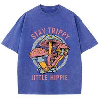 Vasariniai moteriški medvilniniai skalbti marškinėliai Stay Trippy Little Hippie su grybų spauda, gatvės stiliaus laisvi marškinėliai apvalia iškirpte, vintažiniai moteriški drabužiai S