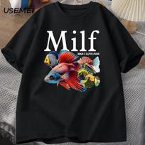 Žmogau, aš myliu žuvis MILF marškinėliai Juokingi žuvų mylėtojo marškinėliai Vyrams Žvejo medvilniniai vyriški marškinėliai Harajuku gatvės viršus Sportinis gatvės apranga S juoda