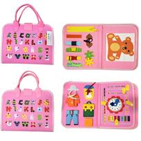 Children's travel toy felt activity quiet busy board, an educational sensory learning book for basic dressing hand movements rožinė