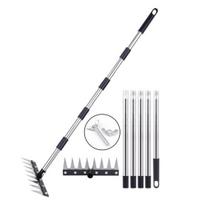 8-Tine Weeding Rake Adjustable Long Handle Weeding Tool Heavy Duty Weed Puller Manual Weeder for Garden Lawn Yard A