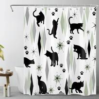 Mid Century Black Cat Shower Curtain For Bathroom Boho Sage Green And Grey Geometric Fabric Shower Curtain Retro Cute Animal W60H190(CM)-1 Pcs